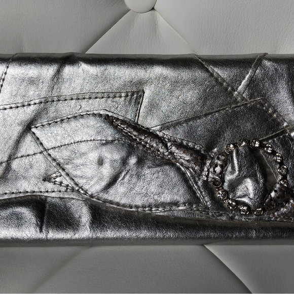 Vintage Metallic Silver Leather Clutch Handmade Handbag One Of A Kind - Picture 3 of 10